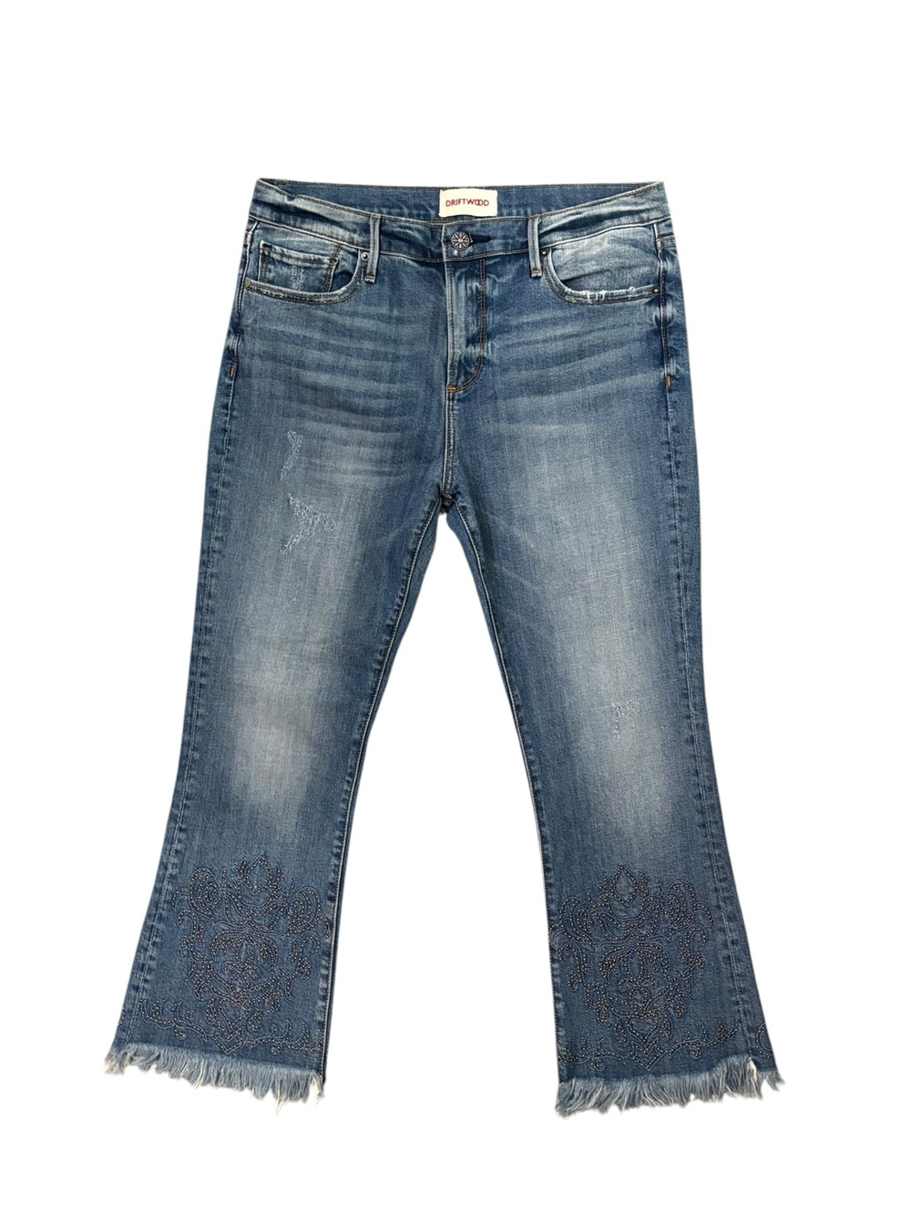 NWOT DRIFTWOOD Roxy Crop Flare Studded Frayed Fringe Raw Hem Jeans Size 30 - Picture 2 of 8